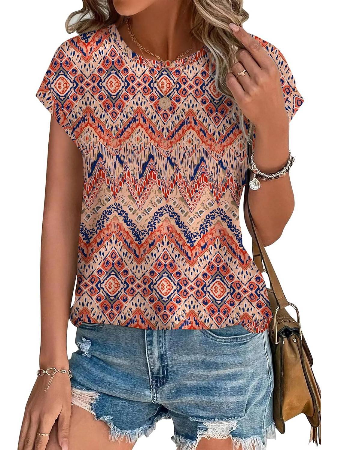Meadow | Women's Leaf Print Crew Neck Cap Sleeve Casual Top