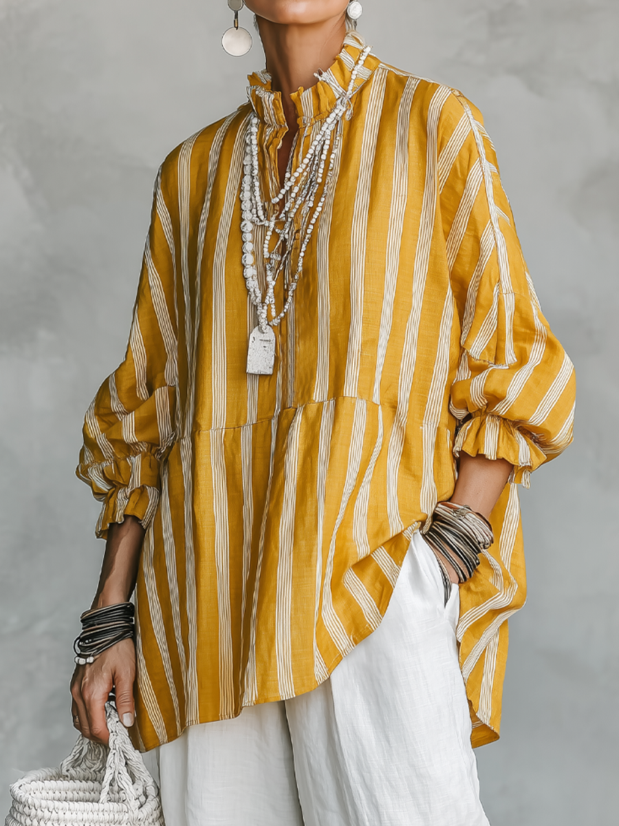 Women's Vintage Casual Linen Blend Vertical Stripes Mandarin Collar, and Lantern Sleeves Loose Blouse