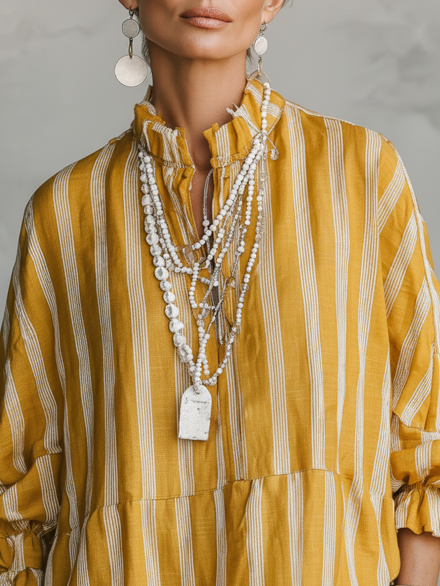 Women's Vintage Casual Linen Blend Vertical Stripes Mandarin Collar, and Lantern Sleeves Loose Blouse