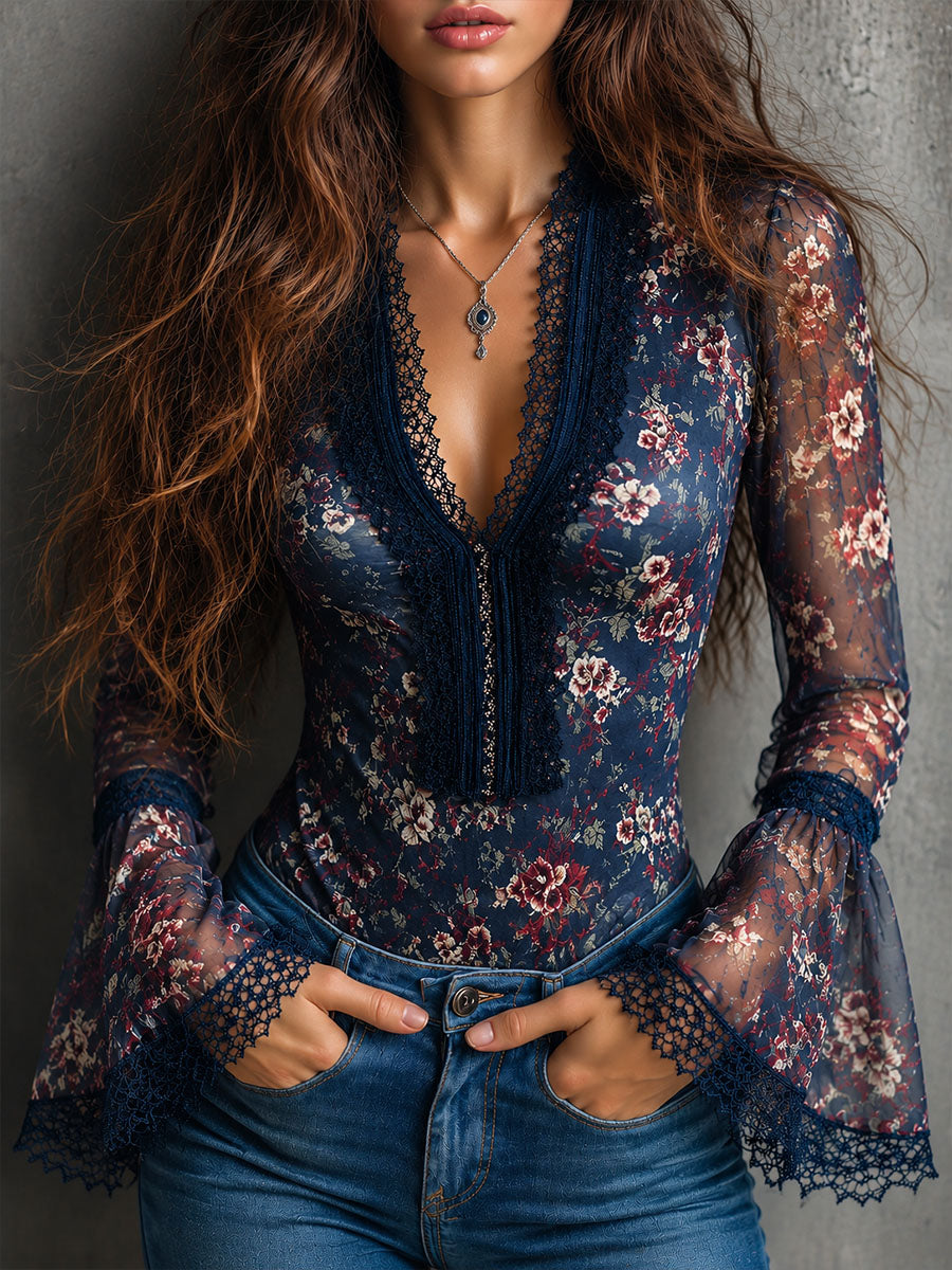 Boho Navy Floral Mesh Lace Trim V Neck Flare Sleeve Blouse