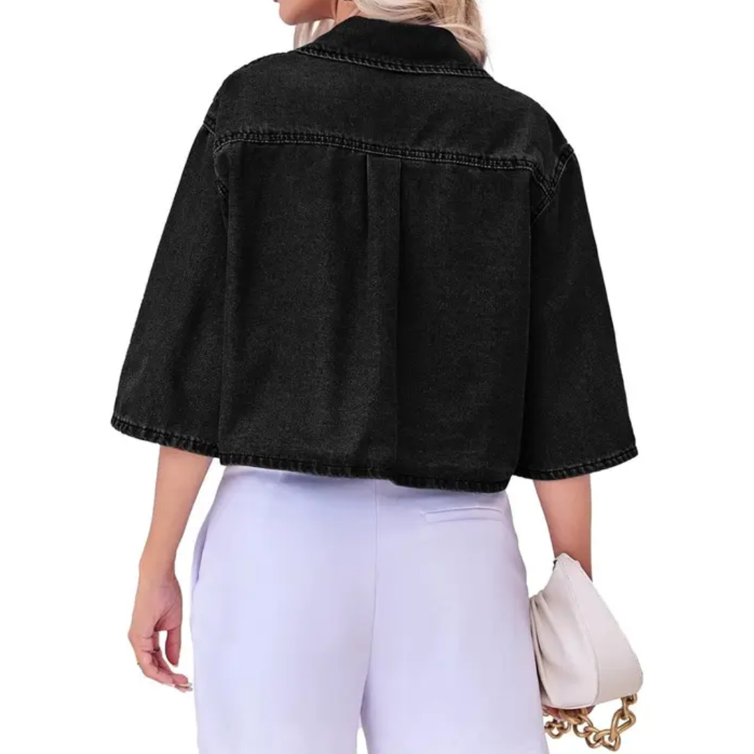 JOVETTE™ – Cropped Button-Down Denim Shirt Jacket