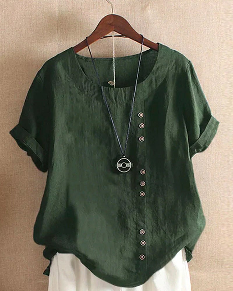 Linen | Women's Button Front Crew Neck Short Sleeve Casual Top