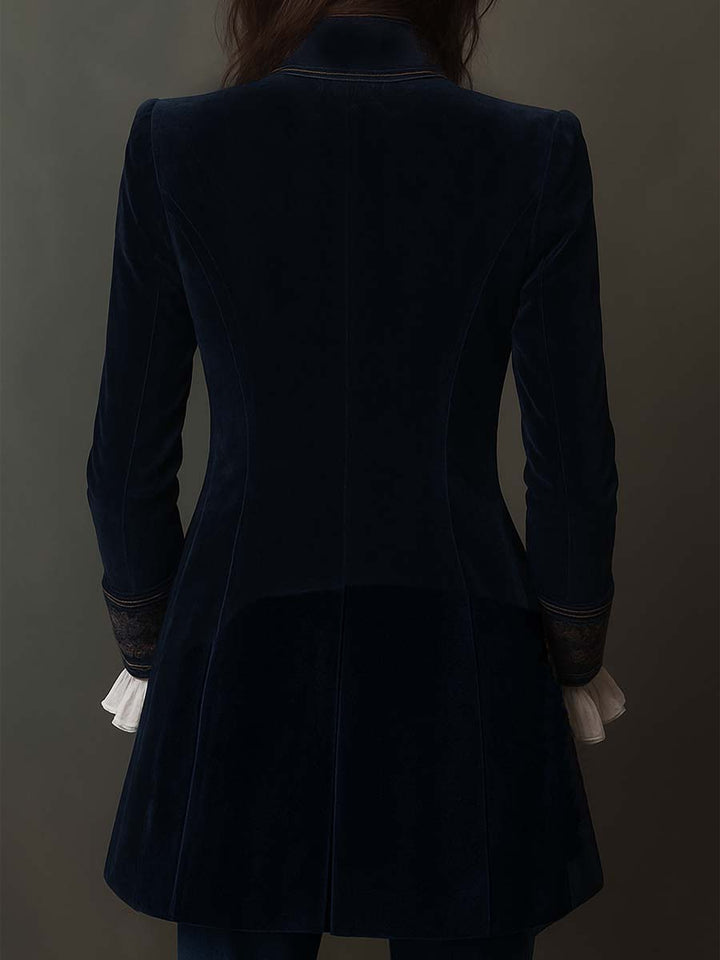 Vintage Navy Polyester Velvet Embroidered Long Jacket