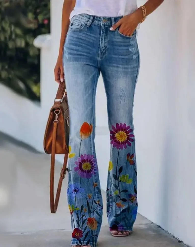 Meadow | Women's Floral Print High Waist Flare Jeans