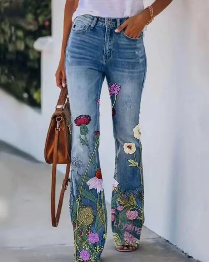 Meadow | Women's Floral Print High Waist Flare Jeans