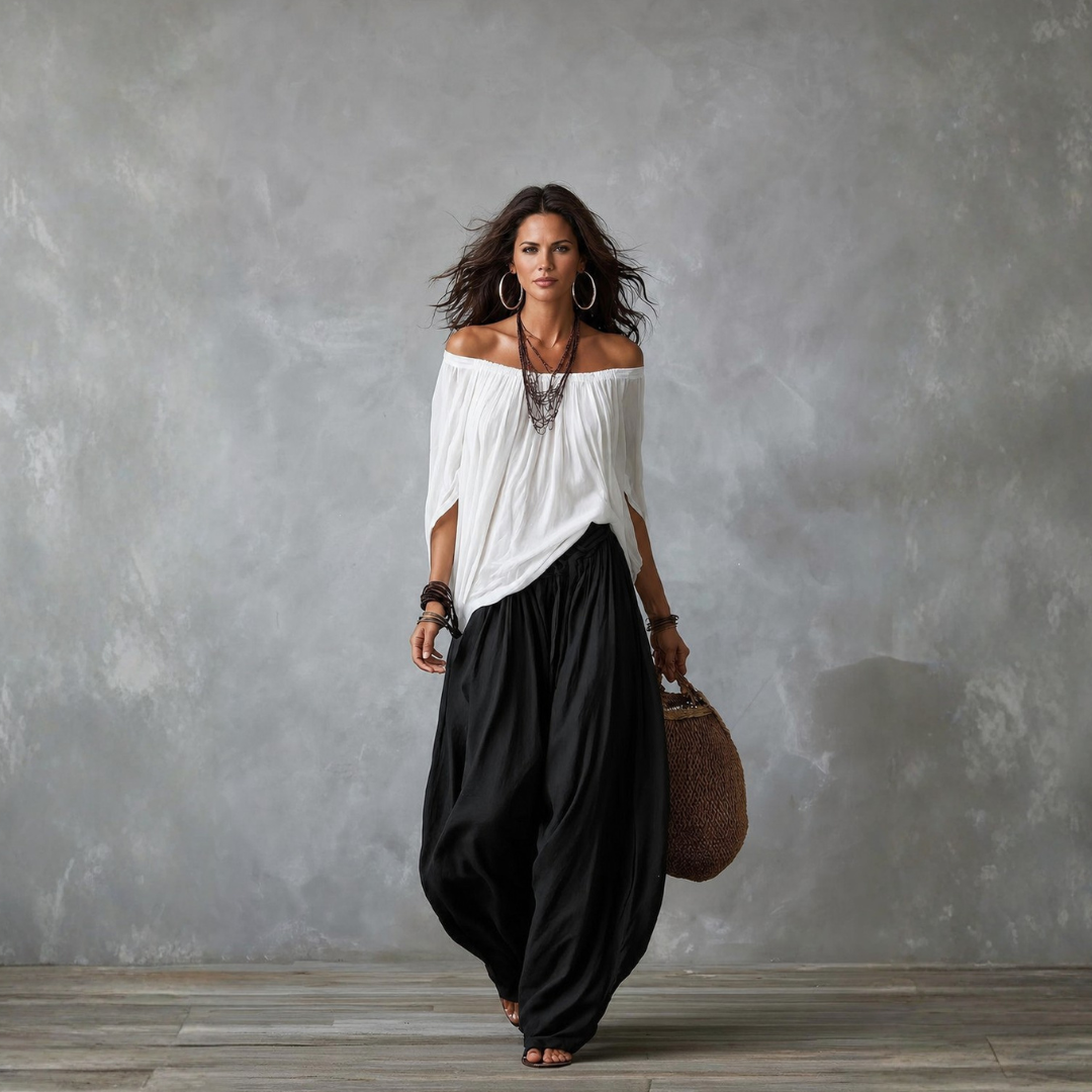 Boho Off Shoulder Blouse and Wide Leg Pants Set