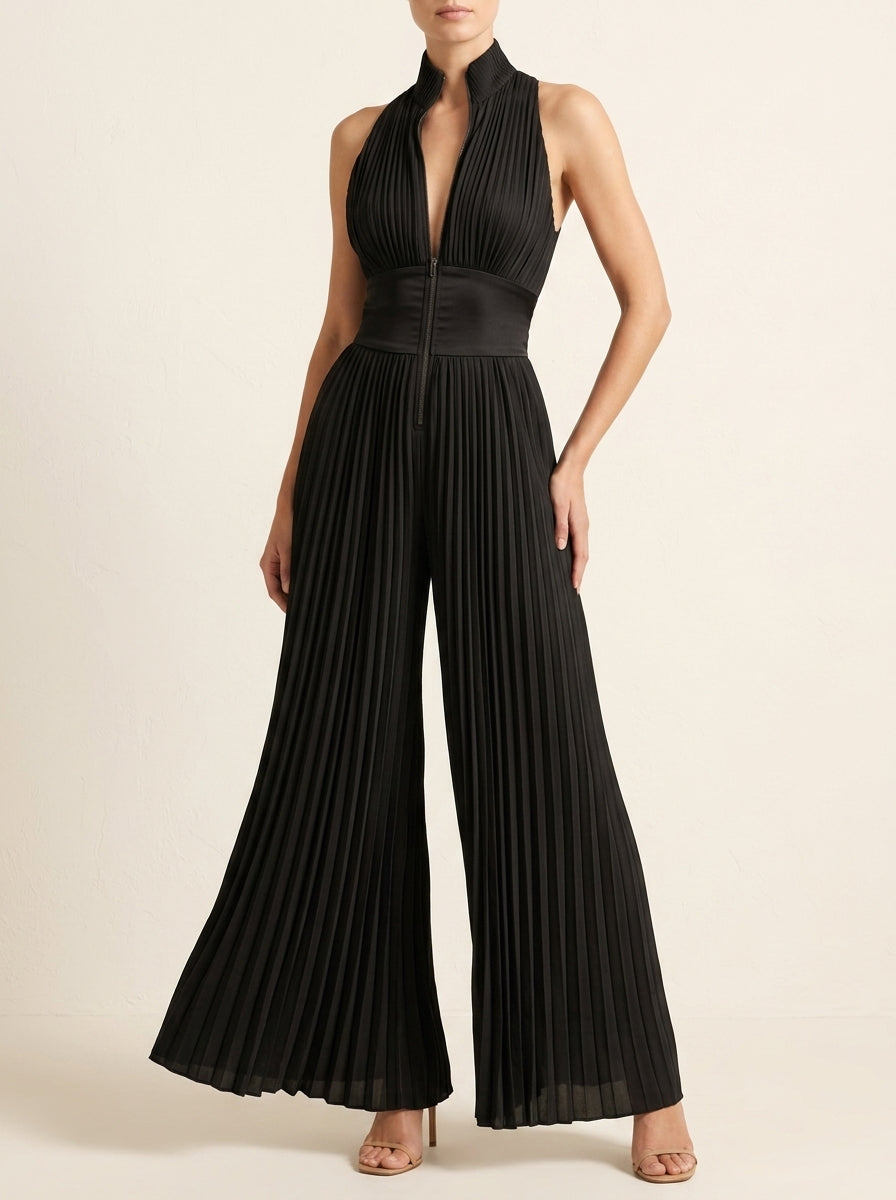 Black V-neck Sleeveless Zip-up Pleated Wide-leg Chiffon Jumpsuit