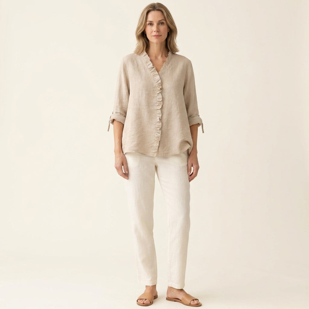 Sanelle | Elegant Ruffled Shirt in Cotton and Linen