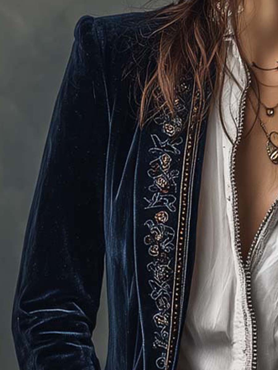 Vintage Navy Polyester Velvet Embroidered Long Jacket