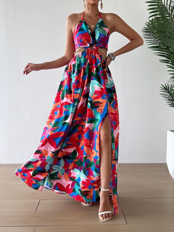 HANNAH™ - Floral Print Cami Dress with Chain Decor and Split Thigh for Beach Holidays