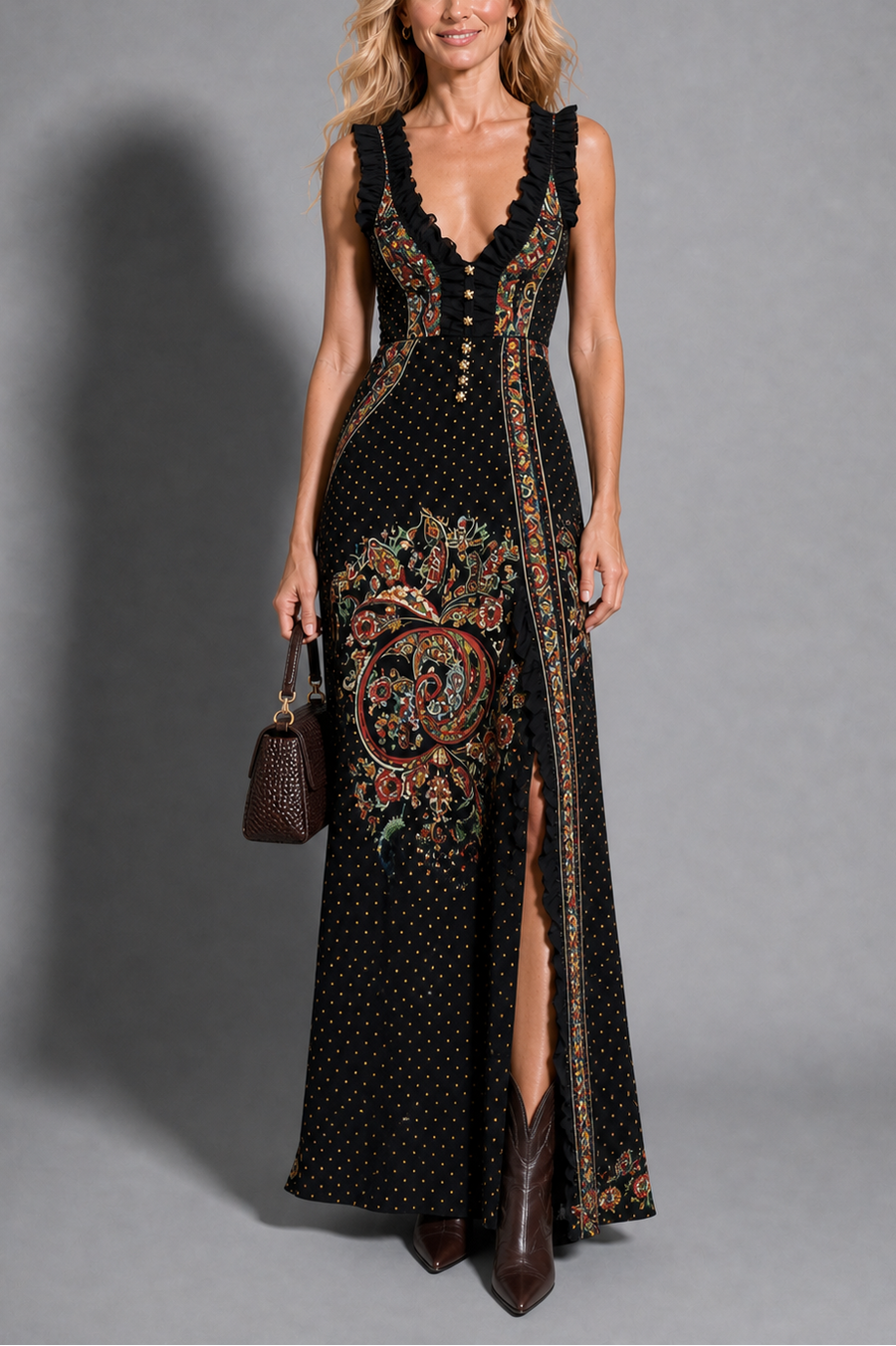 Bohemian-Style Printed Dress with Deep V-Neck and High Slit