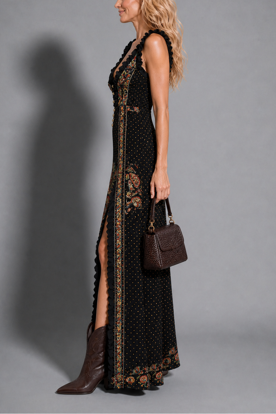 Bohemian-Style Printed Dress with Deep V-Neck and High Slit