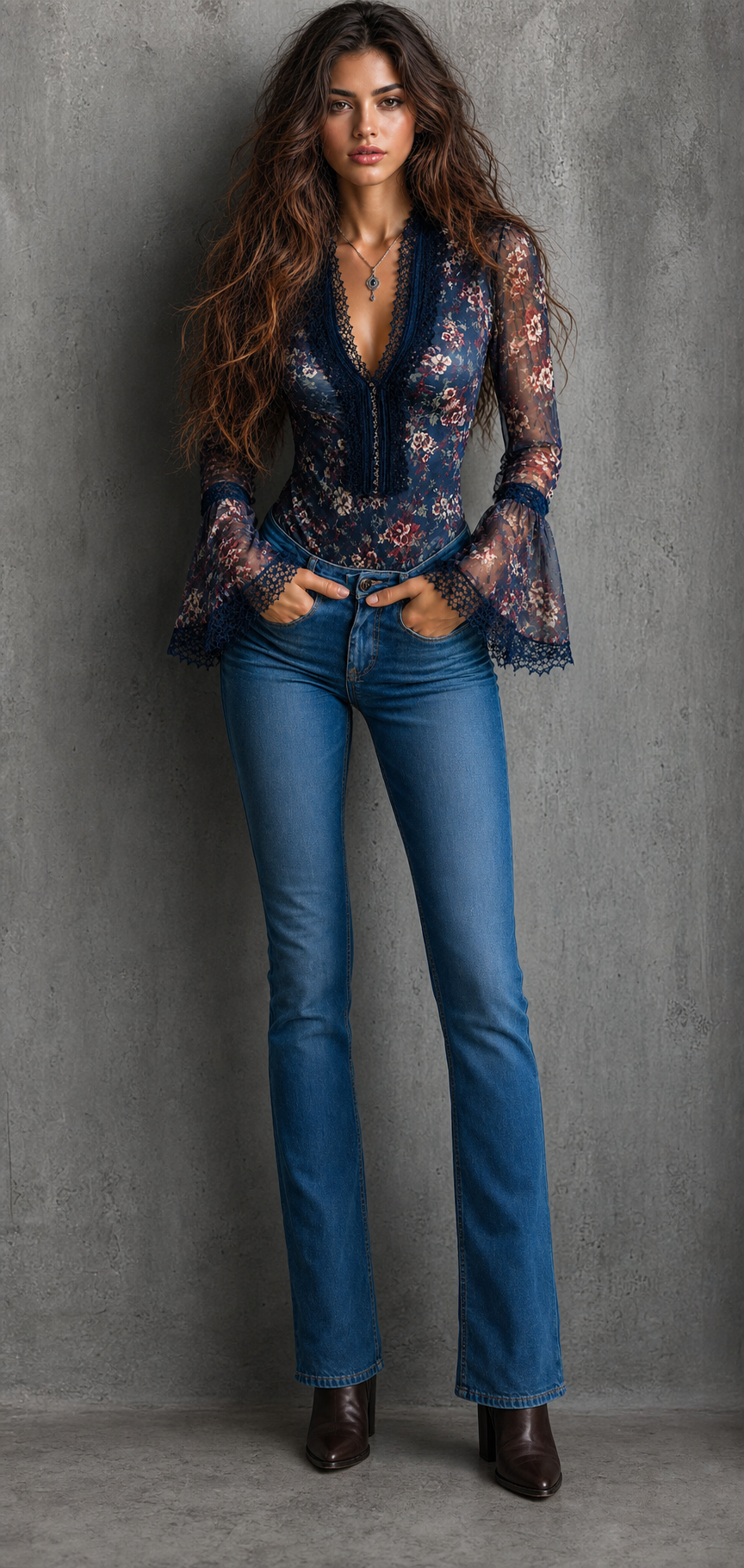 Boho Navy Floral Mesh Lace Trim V Neck Flare Sleeve Blouse