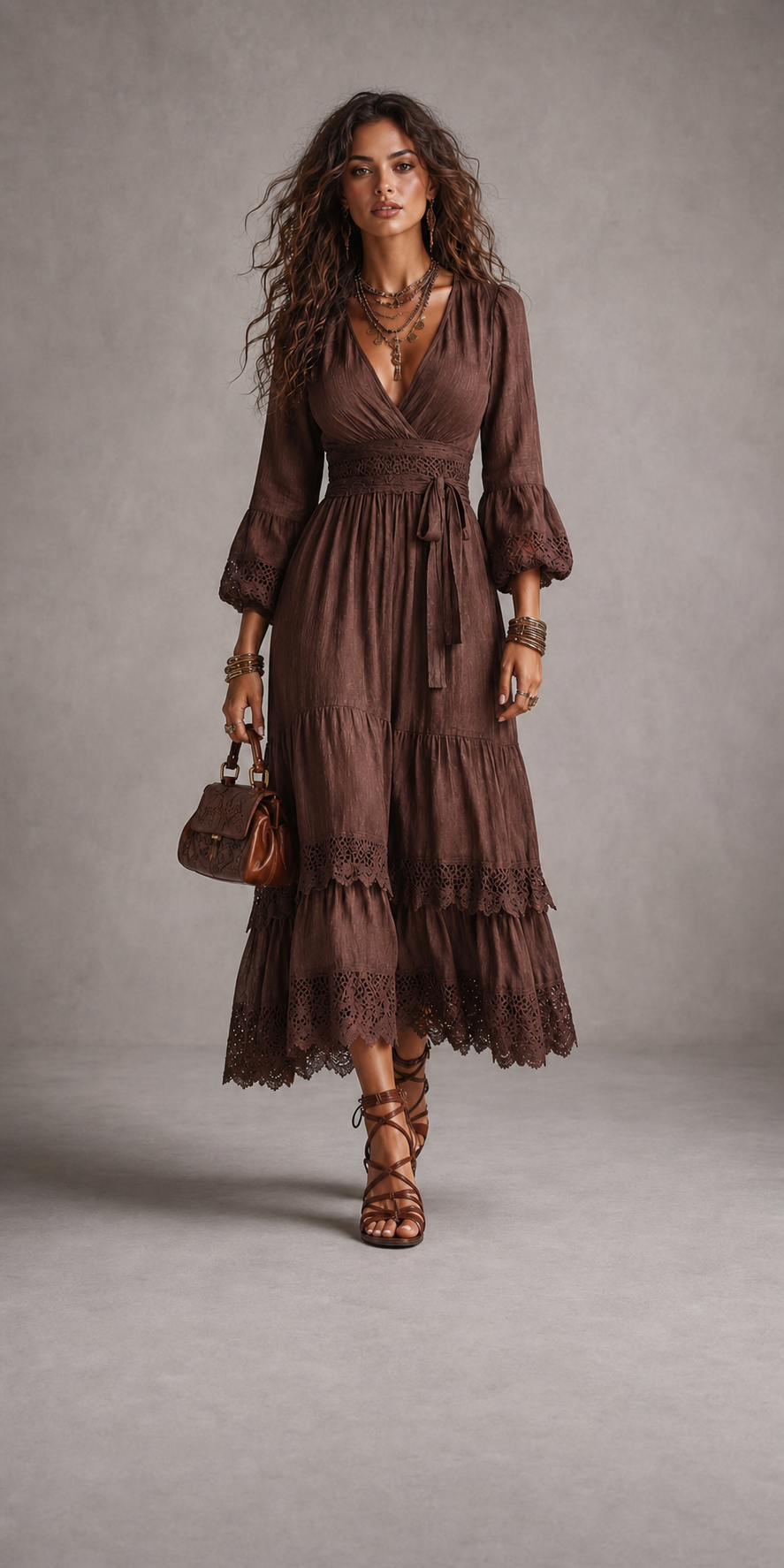 Vintage Puff-sleeve Lace Trim Cotton-linen Midi Dress