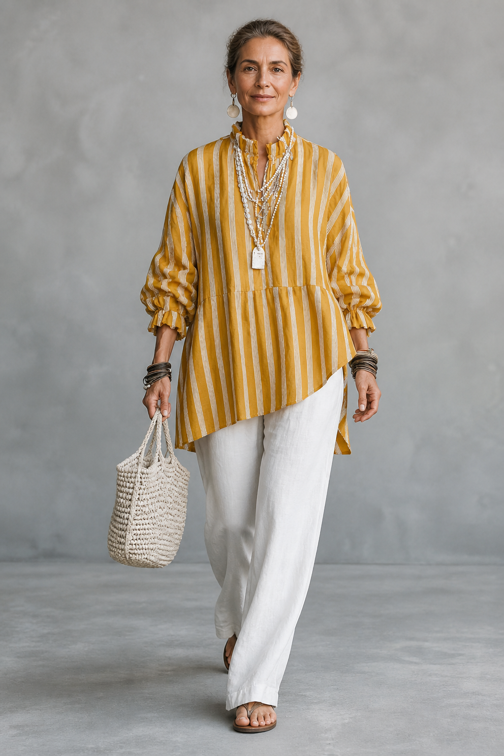 Women's Vintage Casual Linen Blend Vertical Stripes Mandarin Collar, and Lantern Sleeves Loose Blouse