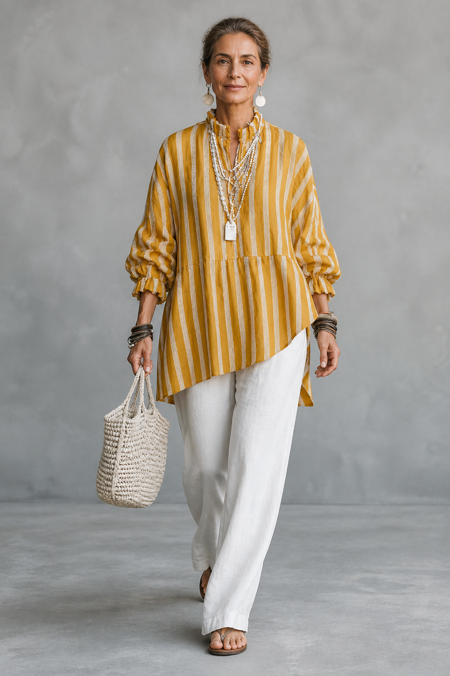 Women's Vintage Casual Linen Blend Vertical Stripes Mandarin Collar, and Lantern Sleeves Loose Blouse