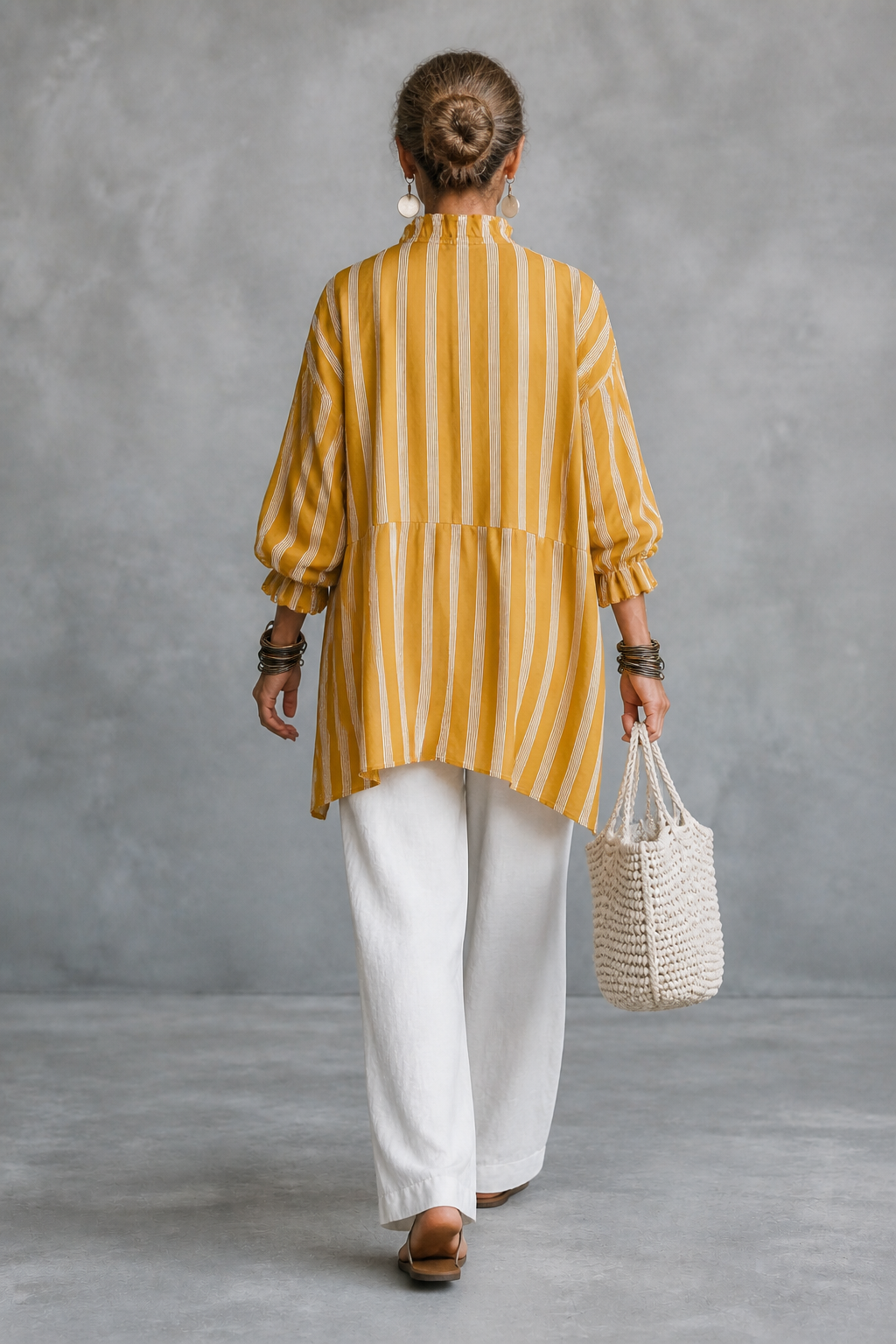 Women's Vintage Casual Linen Blend Vertical Stripes Mandarin Collar, and Lantern Sleeves Loose Blouse