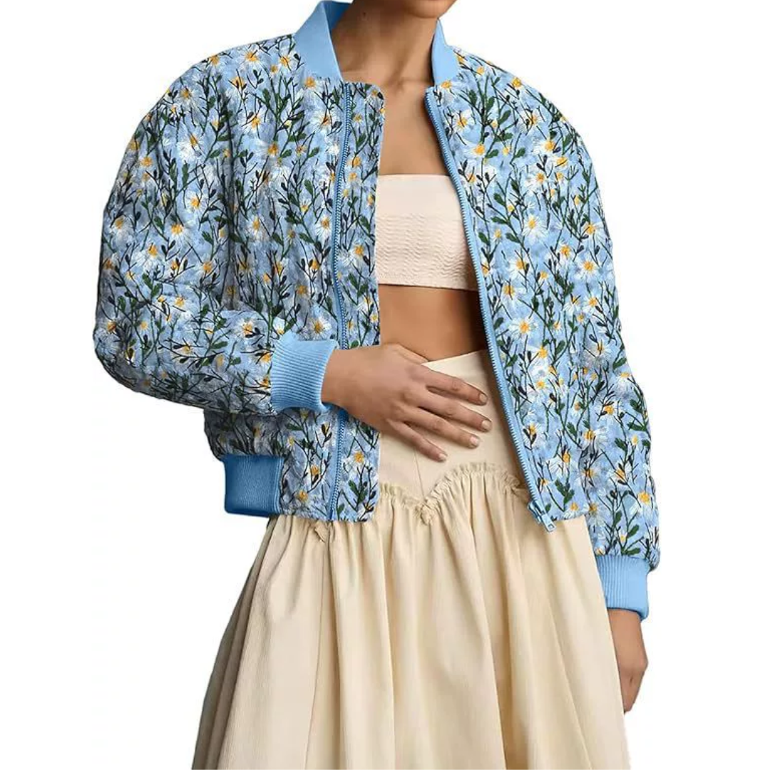FERN™ – Daisy Print Quilted Cropped Bomber Jacket