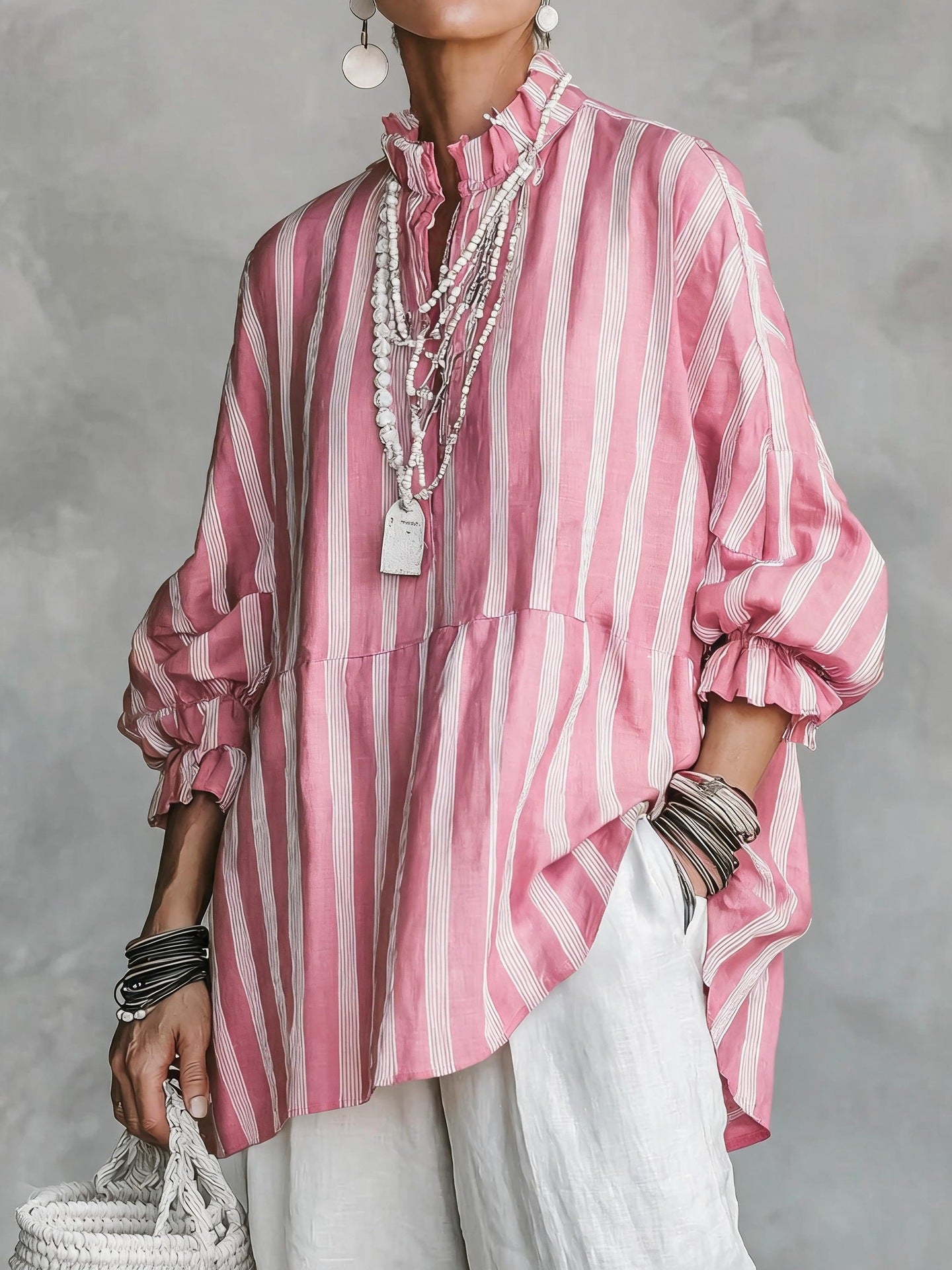 Women's Vintage Casual Linen Blend Vertical Stripes Mandarin Collar, and Lantern Sleeves Loose Blouse