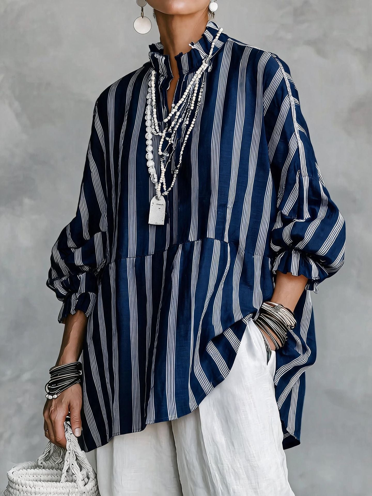 Women's Vintage Casual Linen Blend Vertical Stripes Mandarin Collar, and Lantern Sleeves Loose Blouse