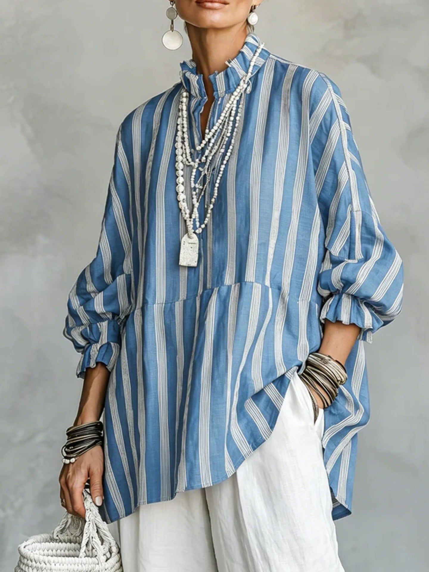 Women's Vintage Casual Linen Blend Vertical Stripes Mandarin Collar, and Lantern Sleeves Loose Blouse