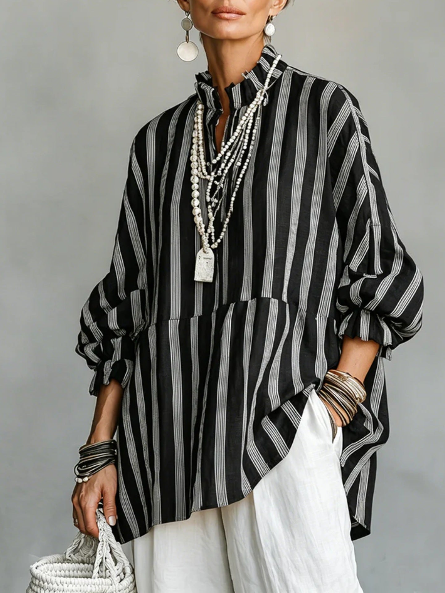Women's Vintage Casual Linen Blend Vertical Stripes Mandarin Collar, and Lantern Sleeves Loose Blouse