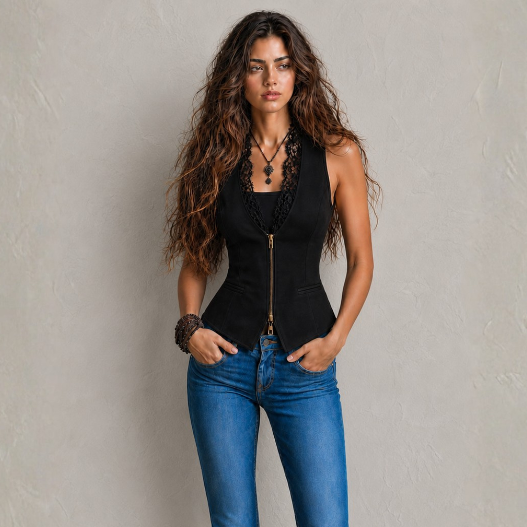 Boho Black Lace Trim Zip-Up Corset Vest