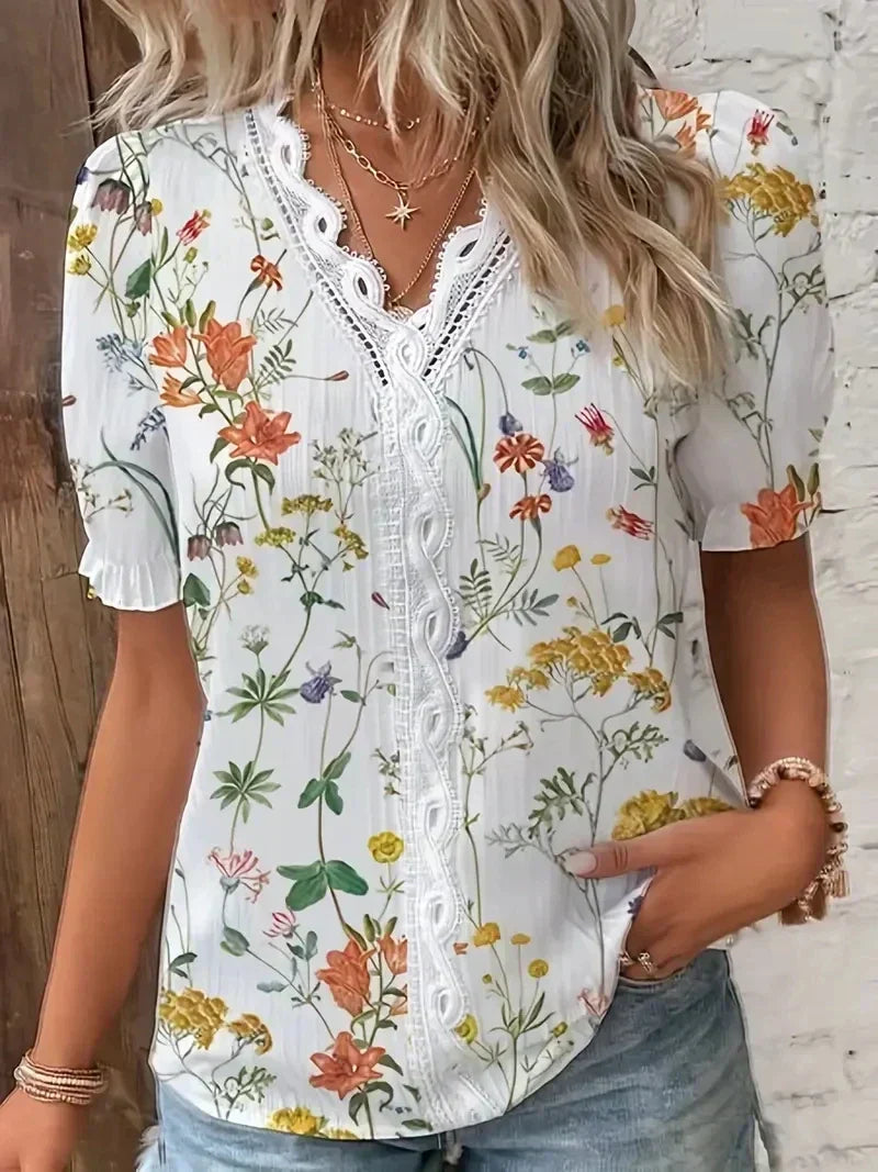 Joann | Floral Lace V-Neck Blouse