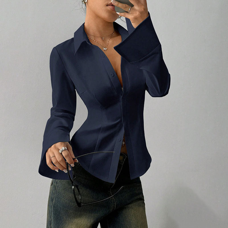 Slim-fit V-neck waist-cinching long-sleeved shirt
