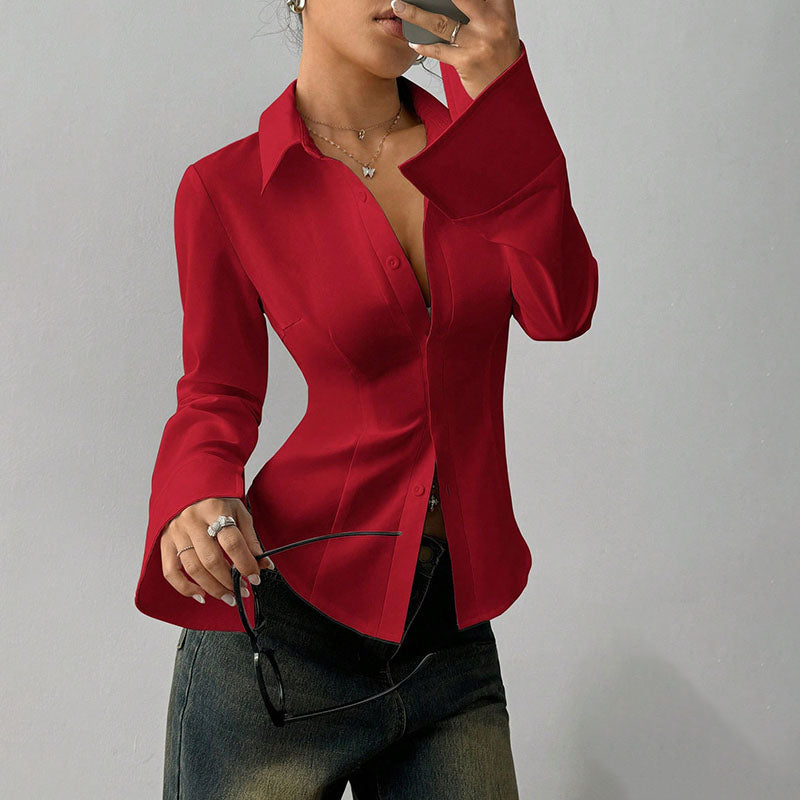 Slim-fit V-neck waist-cinching long-sleeved shirt