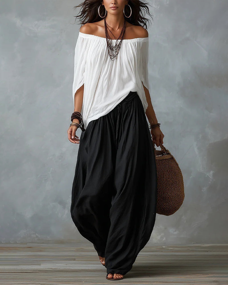 Boho Off Shoulder Blouse and Wide Leg Pants Set