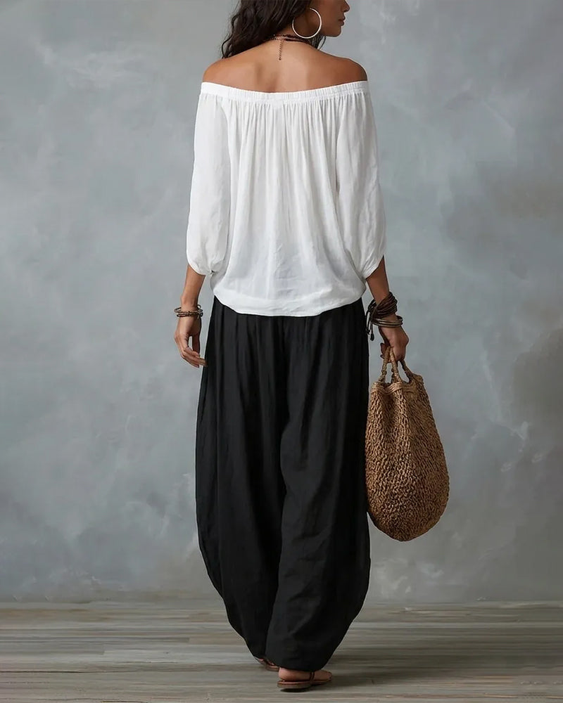 Boho Off Shoulder Blouse and Wide Leg Pants Set