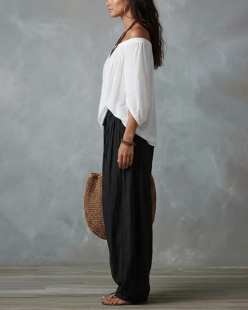Boho Off Shoulder Blouse and Wide Leg Pants Set