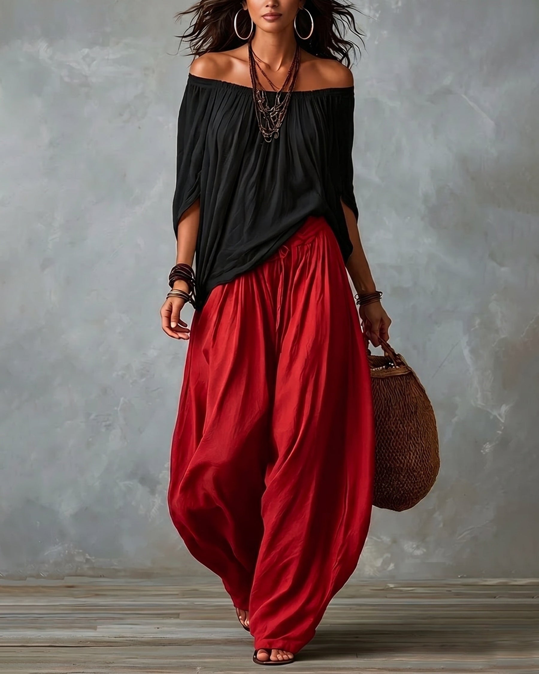 Boho Off Shoulder Blouse and Wide Leg Pants Set