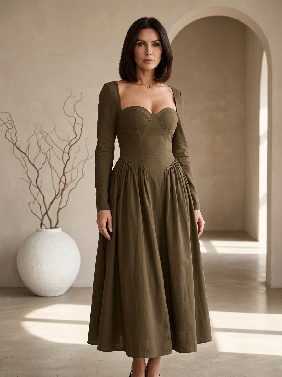 AKILA™ - Elegant Heart Neckline Long Sleeve A-Line Maxi Dress