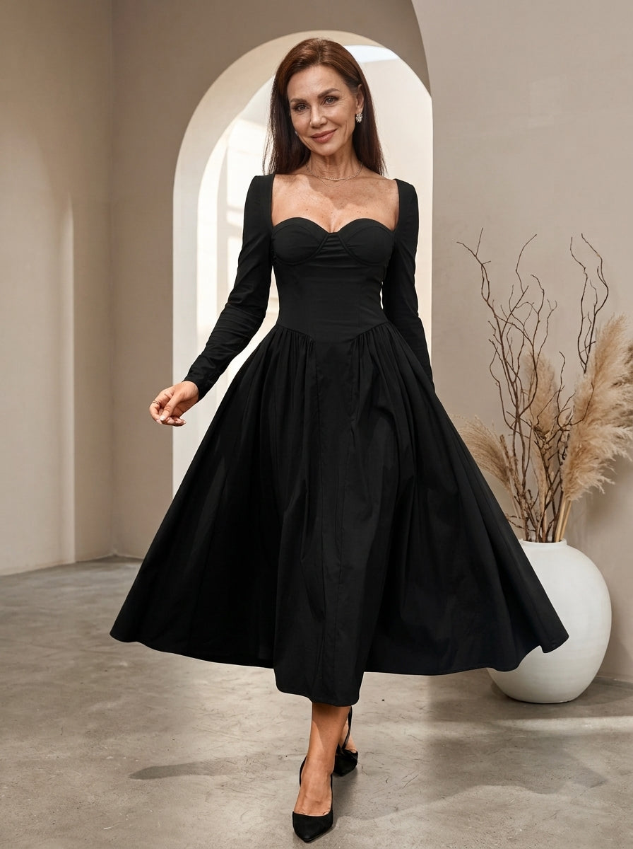 AKILA™ - Elegant Heart Neckline Long Sleeve A-Line Maxi Dress