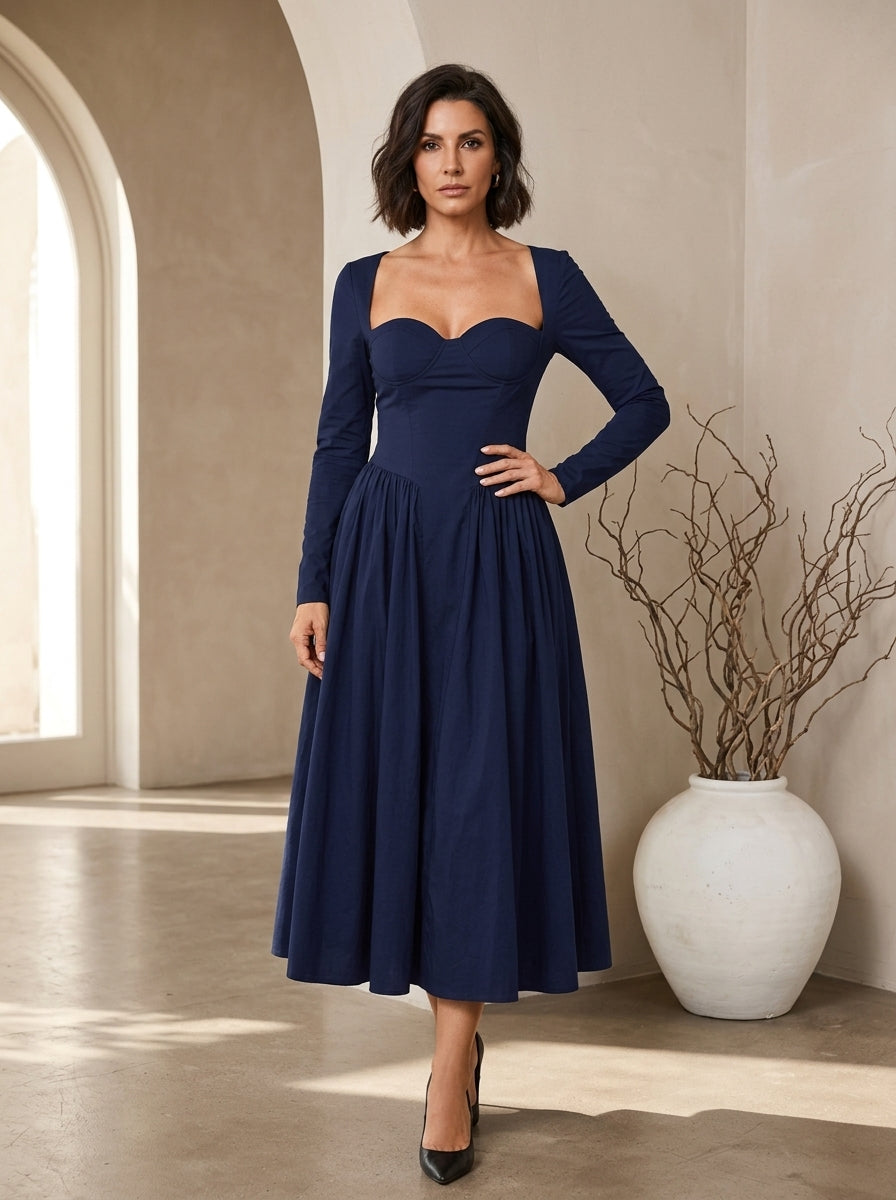 AKILA™ - Elegant Heart Neckline Long Sleeve A-Line Maxi Dress