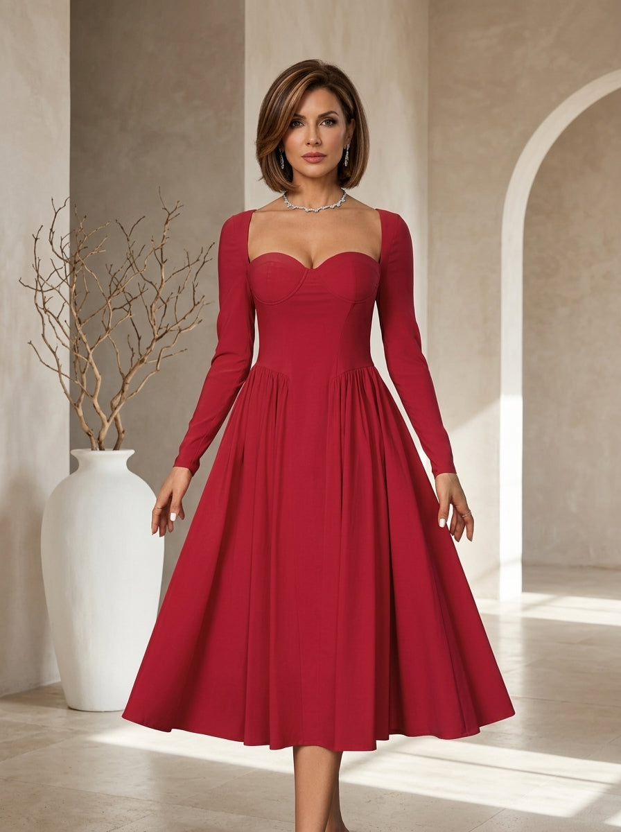 AKILA™ - Elegant Heart Neckline Long Sleeve A-Line Maxi Dress