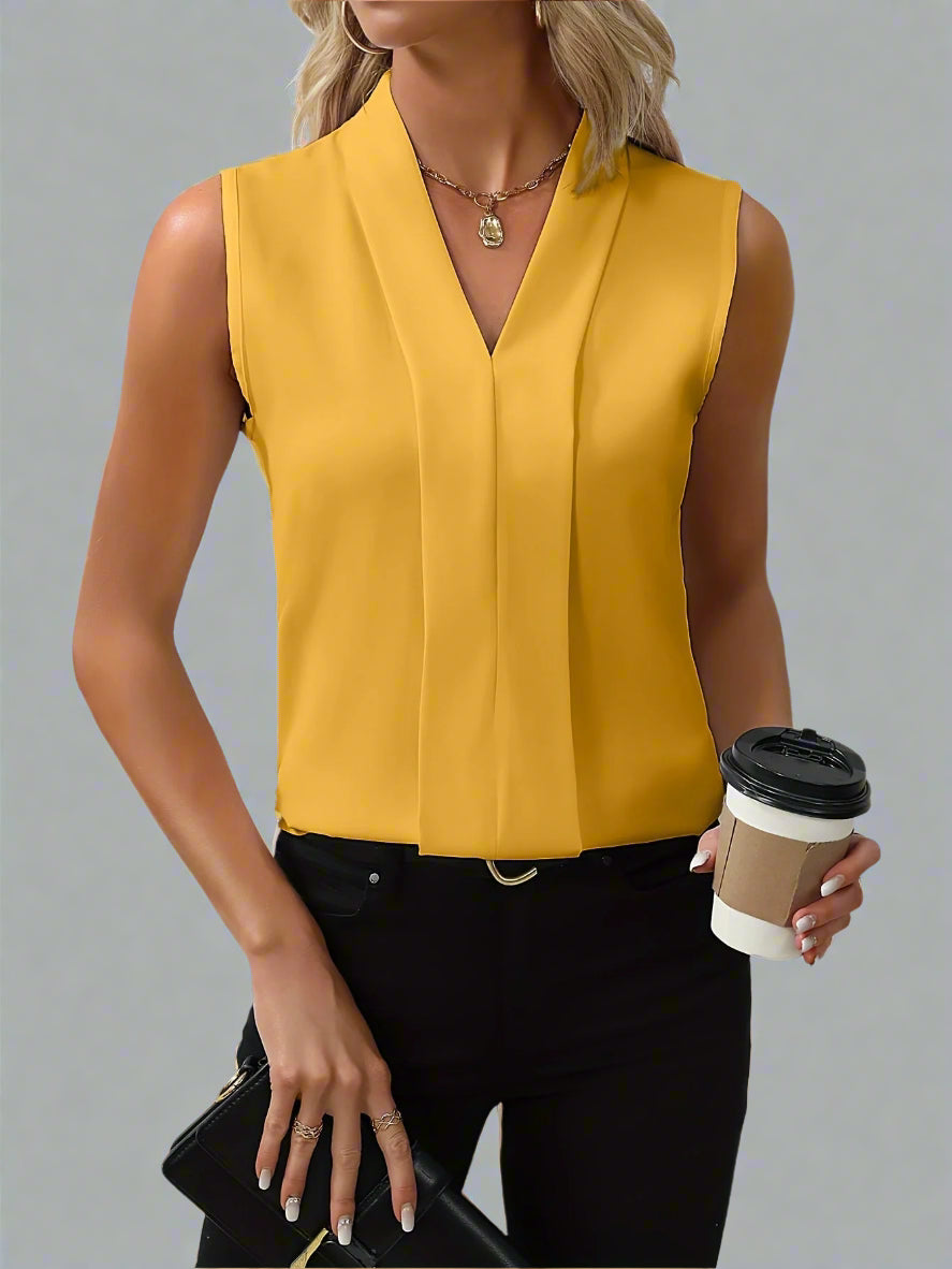 Ella | Women's V-Neck Sleeveless Pleated Front Blouse Top