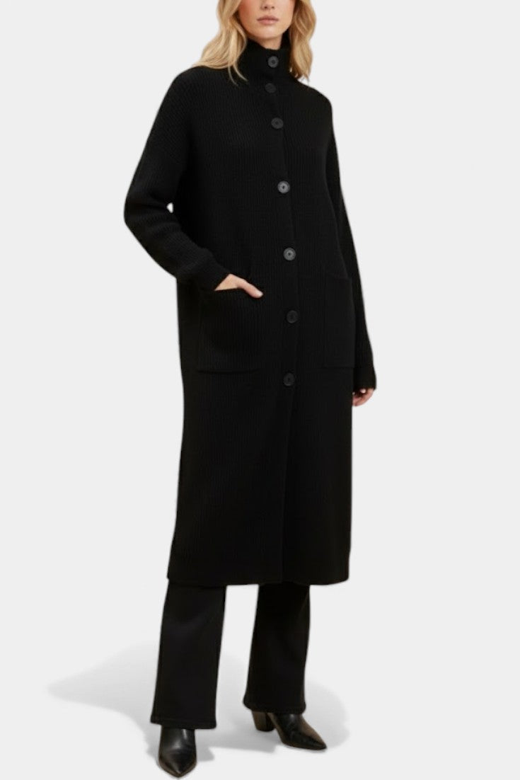 Clarisse Long Knit Coat with Soft Turtleneck and Button Closure