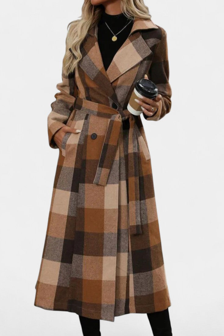 Mélissandre Long Check Coat with Double Breasted and Notched Collar