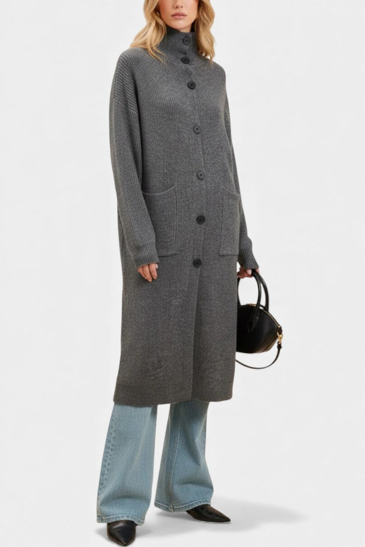 Clarisse Long Knit Coat with Soft Turtleneck and Button Closure