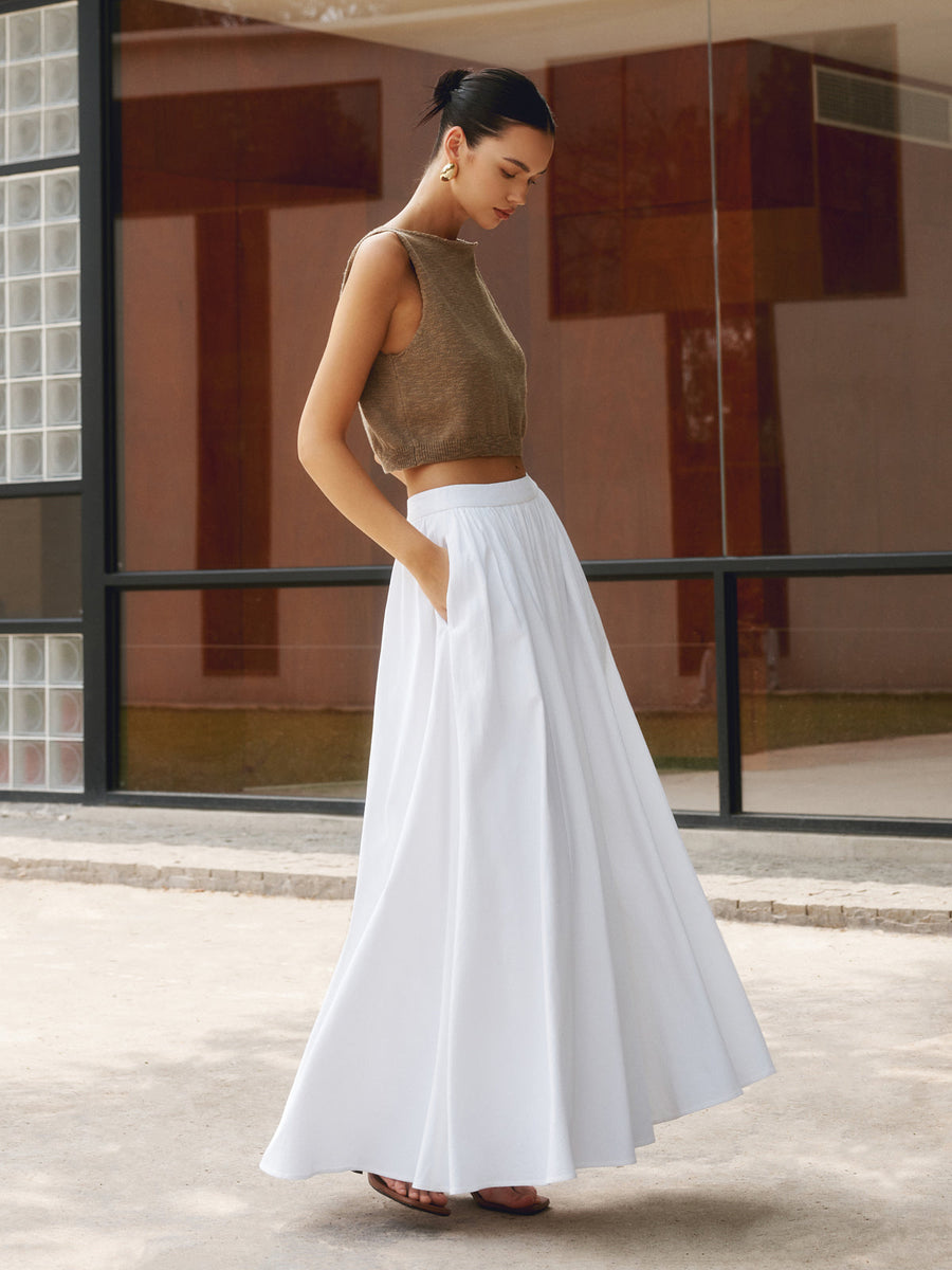 Florence | Women's High Waist Pleated A-Line Maxi Skirt with Pockets